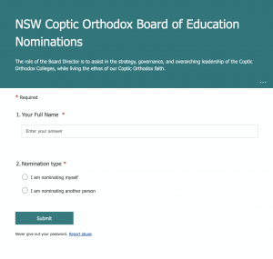 NSW Coptic Orthodox Board of Education Nominations Form